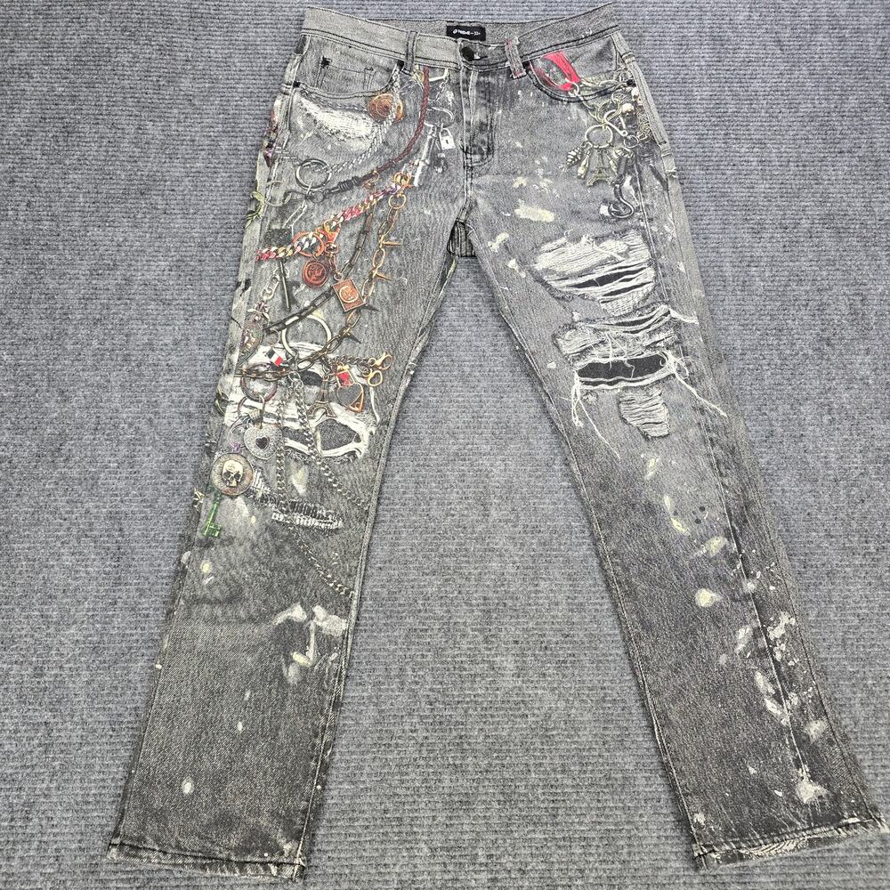 Preme Graphic Print Distressed Jeans Mens 32x32 Gray Streetwear Chains Denim